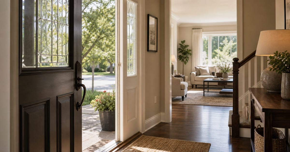 Interior view of a residential home entryway or living room showing an open front door and welcoming entry space