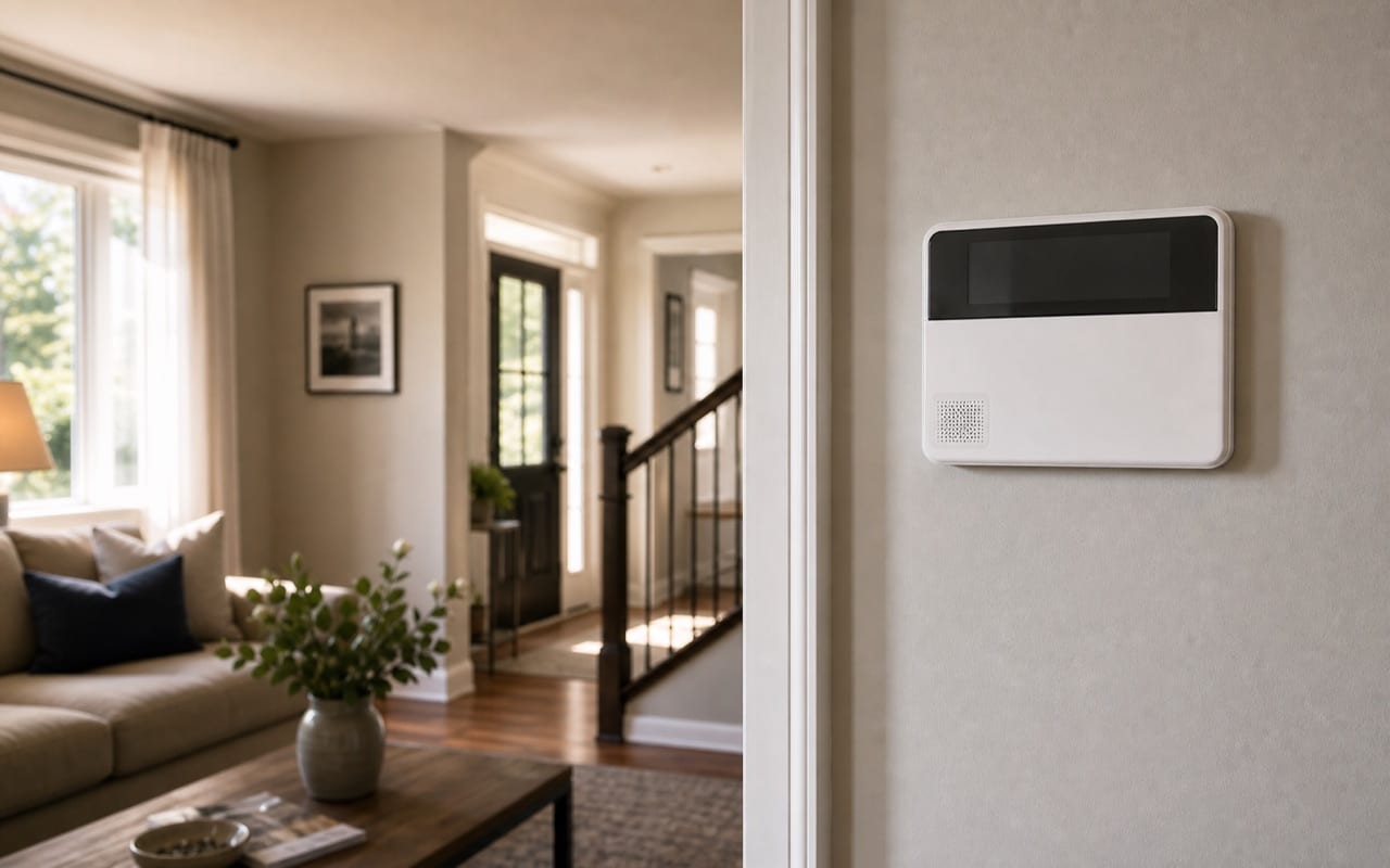 Open house interior showing real estate signage at entry, valuables and electronics visible on surfaces