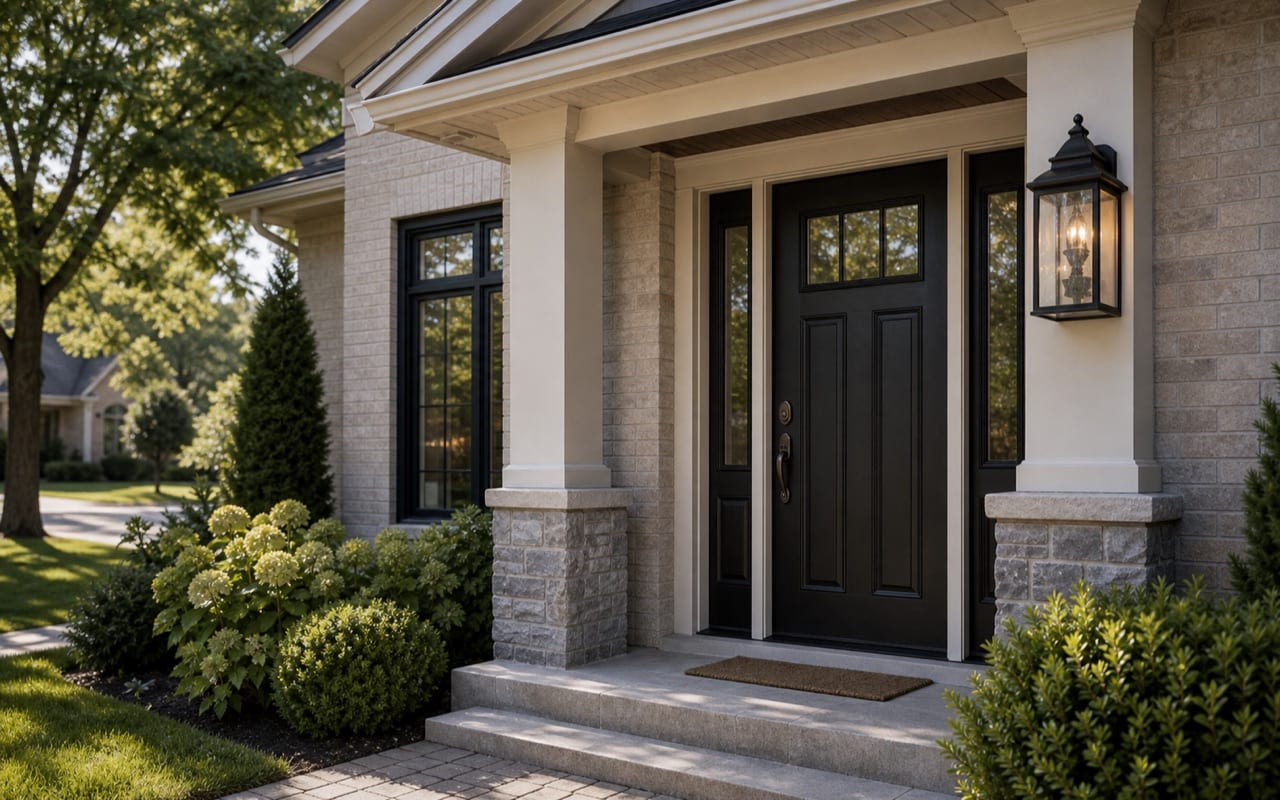 Ground-floor window of a home listed for sale with security film applied, street view through clear protected glass