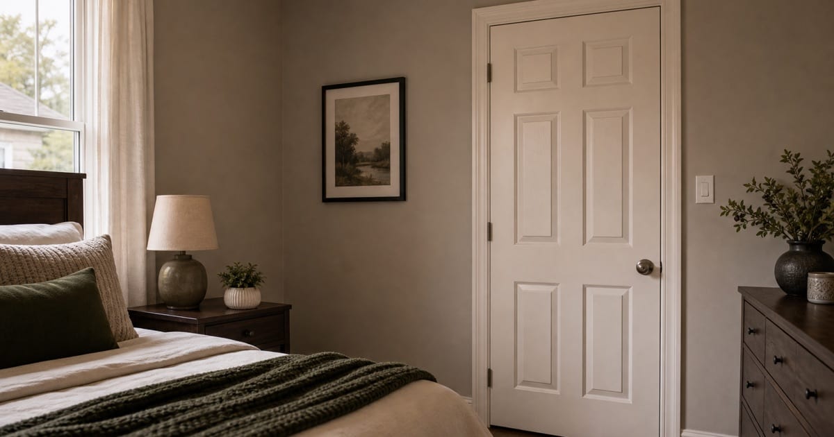 Interior view of a residential bedroom door and door frame, showing the door closed from inside the room