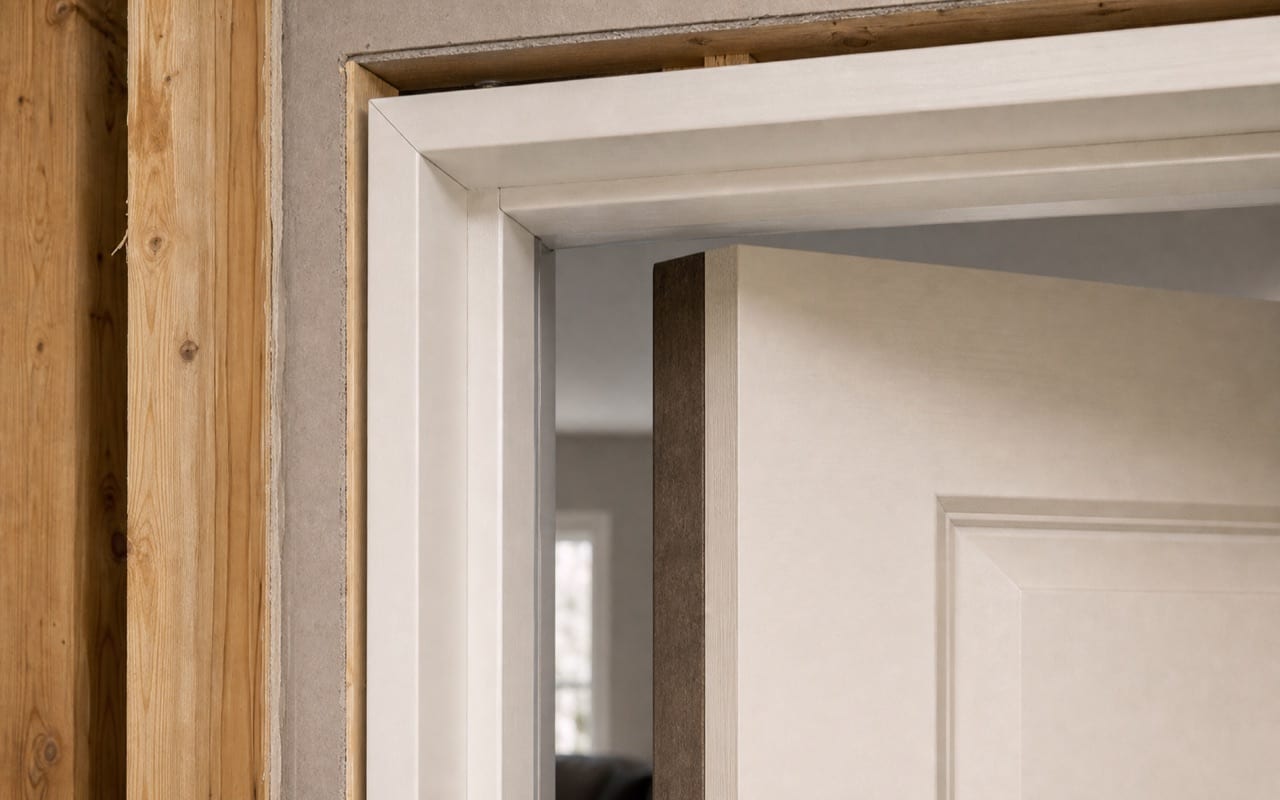 Interior bedroom door with privacy lock mechanism visible on the handle assembly, door closed