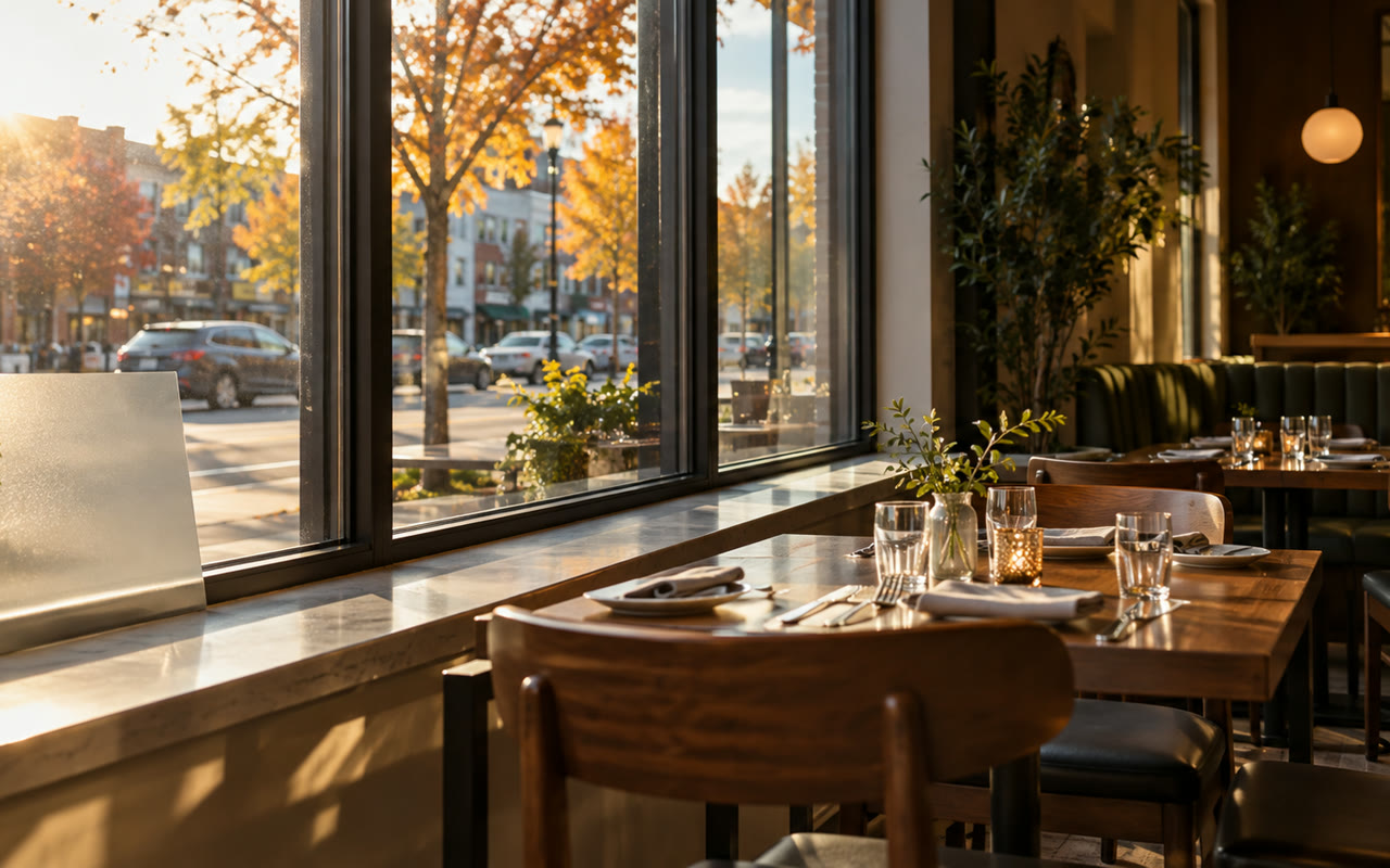 Sunlit restaurant seating beside broad street-facing windows and an unbranded film sample