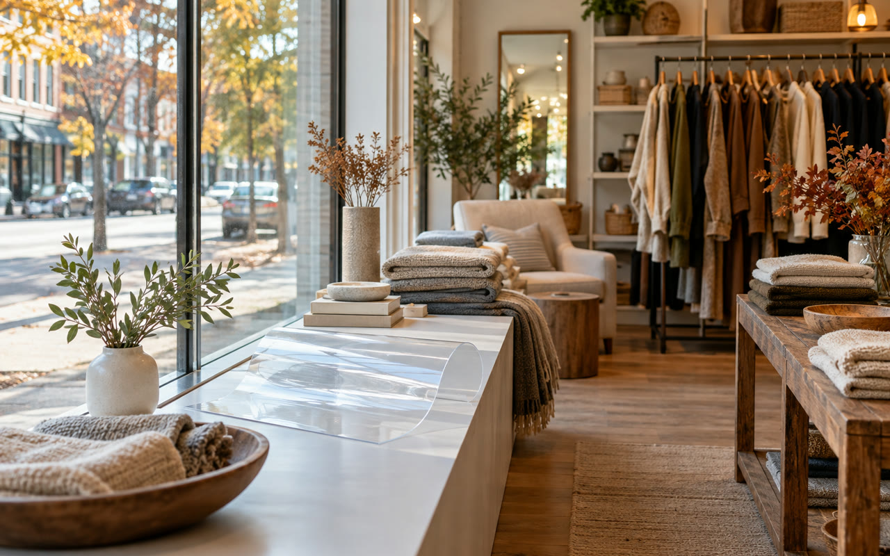 Unbranded retail display beside storefront glazing with textiles and a clear film sample