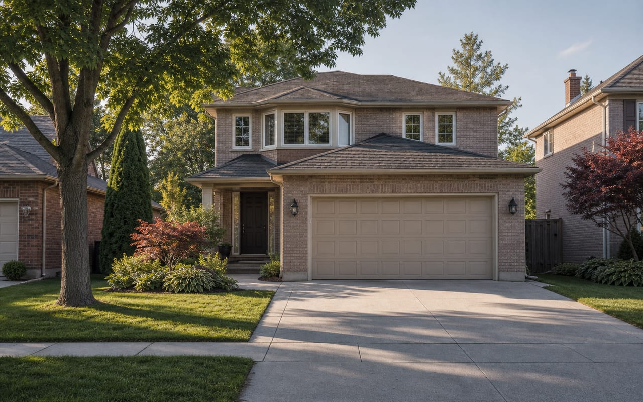 Brick Ontario home with an attached double garage on a quiet residential street