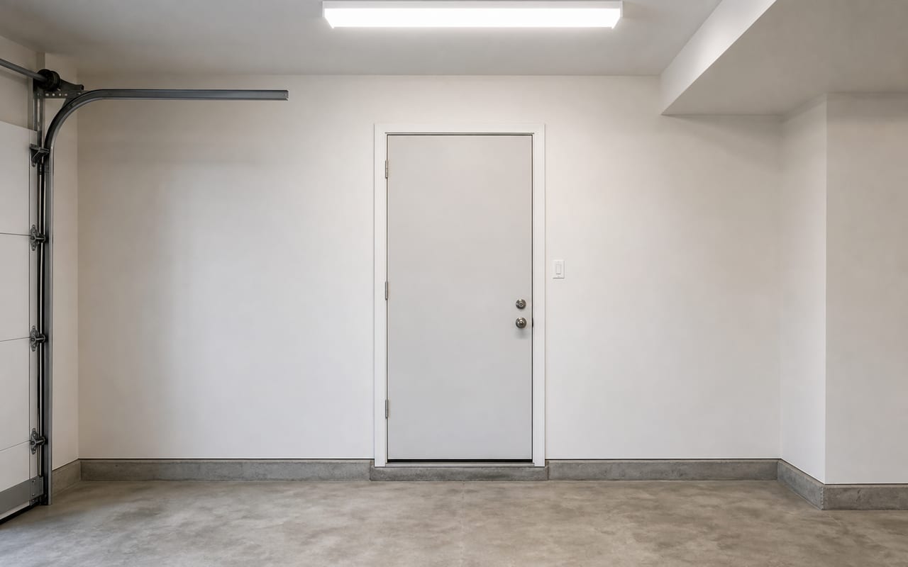 Plain passage door inside a clean attached residential garage