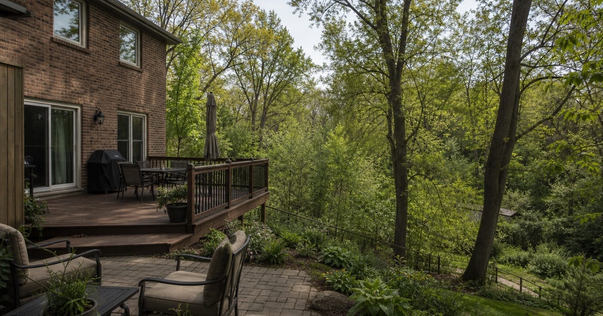 Exterior view of a residential home backing onto a ravine or green space, showing the rear yard with trees and natural landscape, no immediate neighbors visible