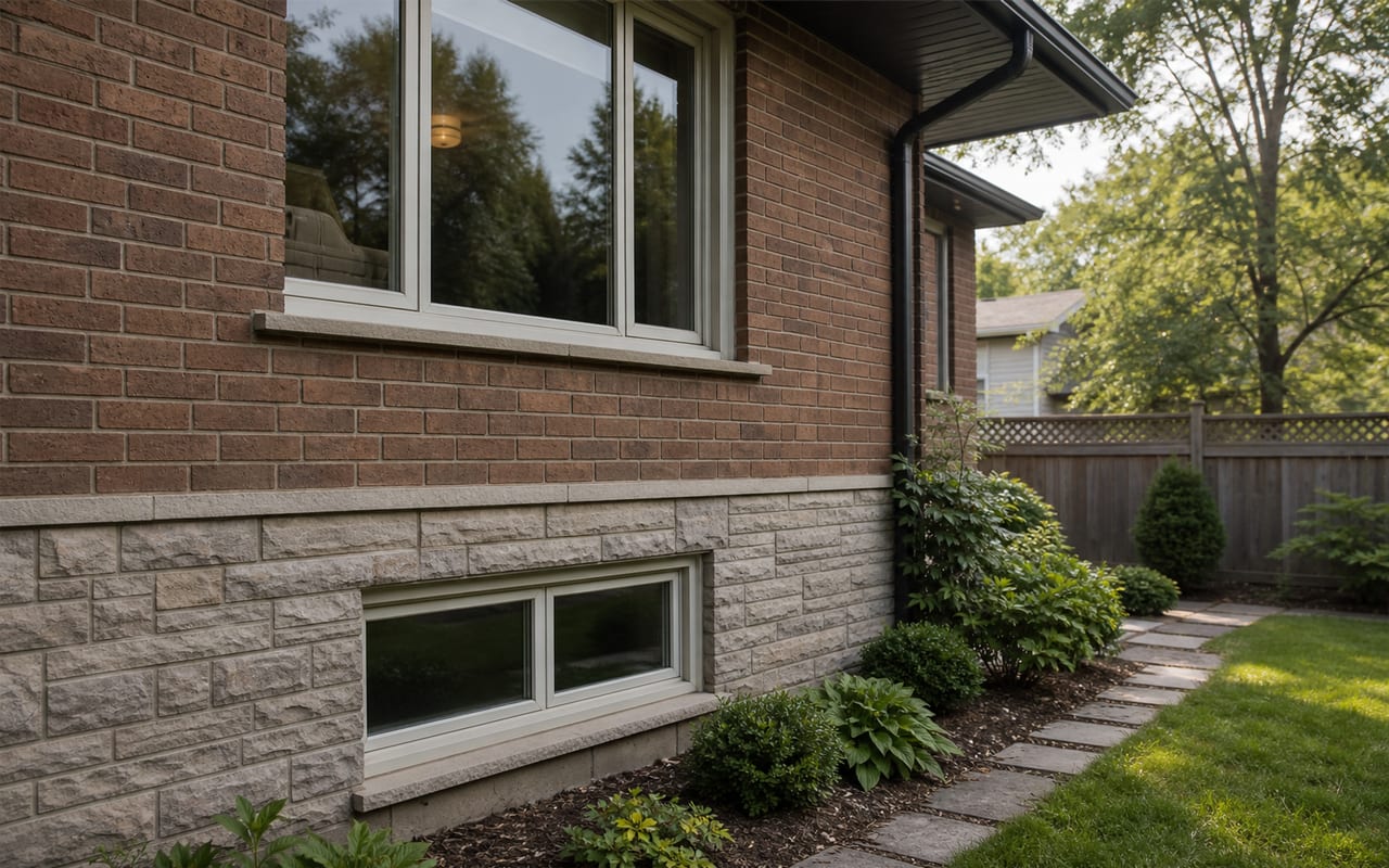 Side and rear of a detached GTA home in daylight showing a ground-floor window and a grade-level basement window in the same composition, garden border in frame, no people