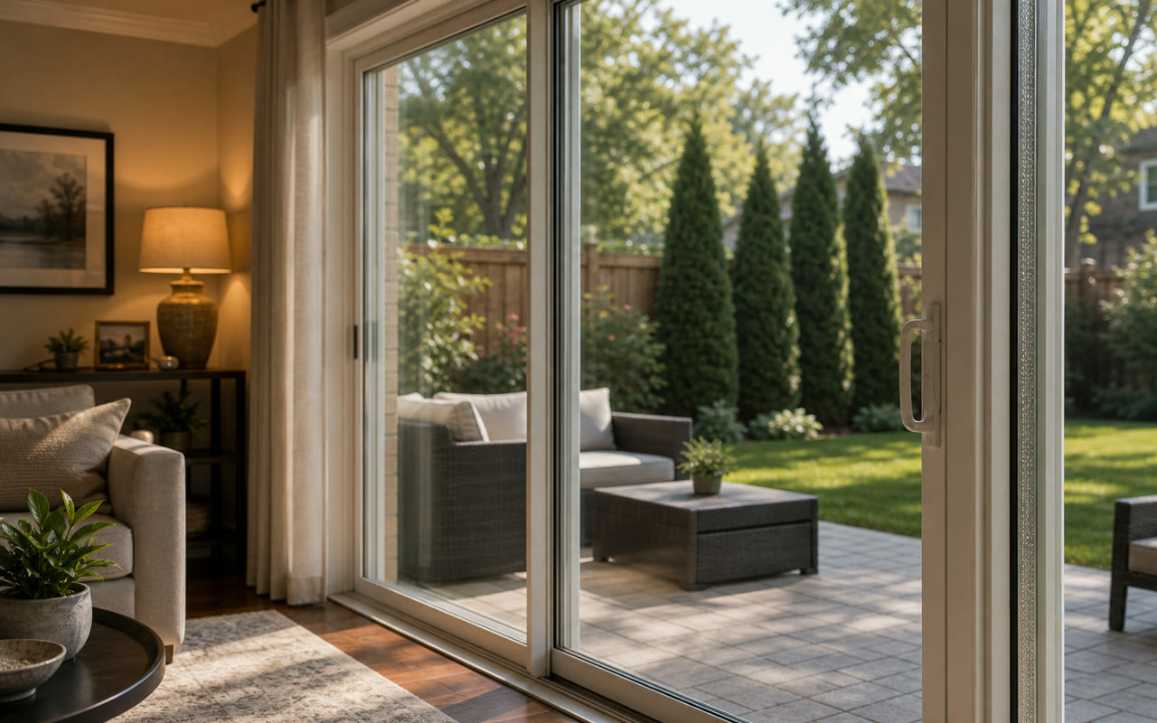 Large residential patio slider with heavy-gauge security film applied at the frame edge, warm interior daylight, calm modern home setting