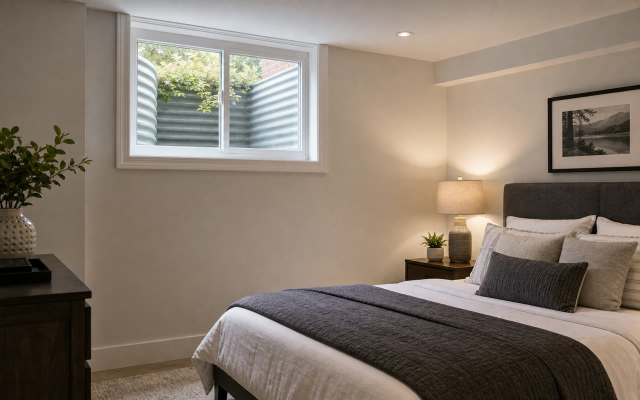 Interior bedroom with large triple casement window looking out to a mature tree-lined suburban street, clear unobstructed glass, no bars or grilles, warm natural daylight