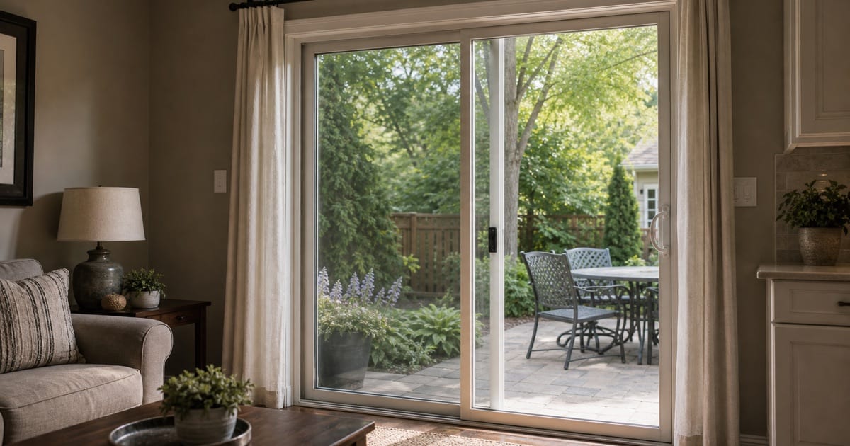 Interior view of a standard patio slider or sliding glass door in a residential home, showing the glass pane from inside