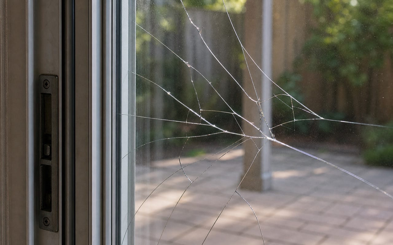 Close-up of patio slider glass after impact showing fragments held together by security film adhesive