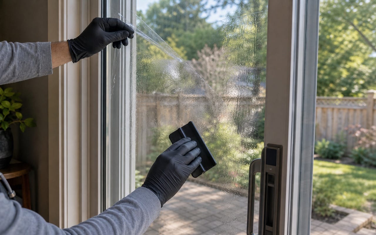 Interior view of a patio slider with security film applied, backyard visible through intact held glass
