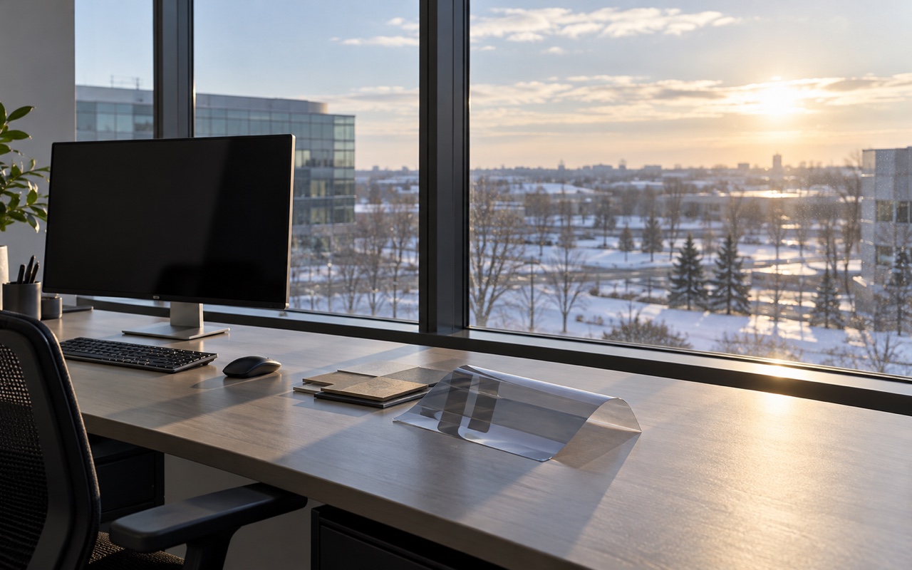 Winter office workstation beside commercial glazing with low sunlight and an unbranded film sample