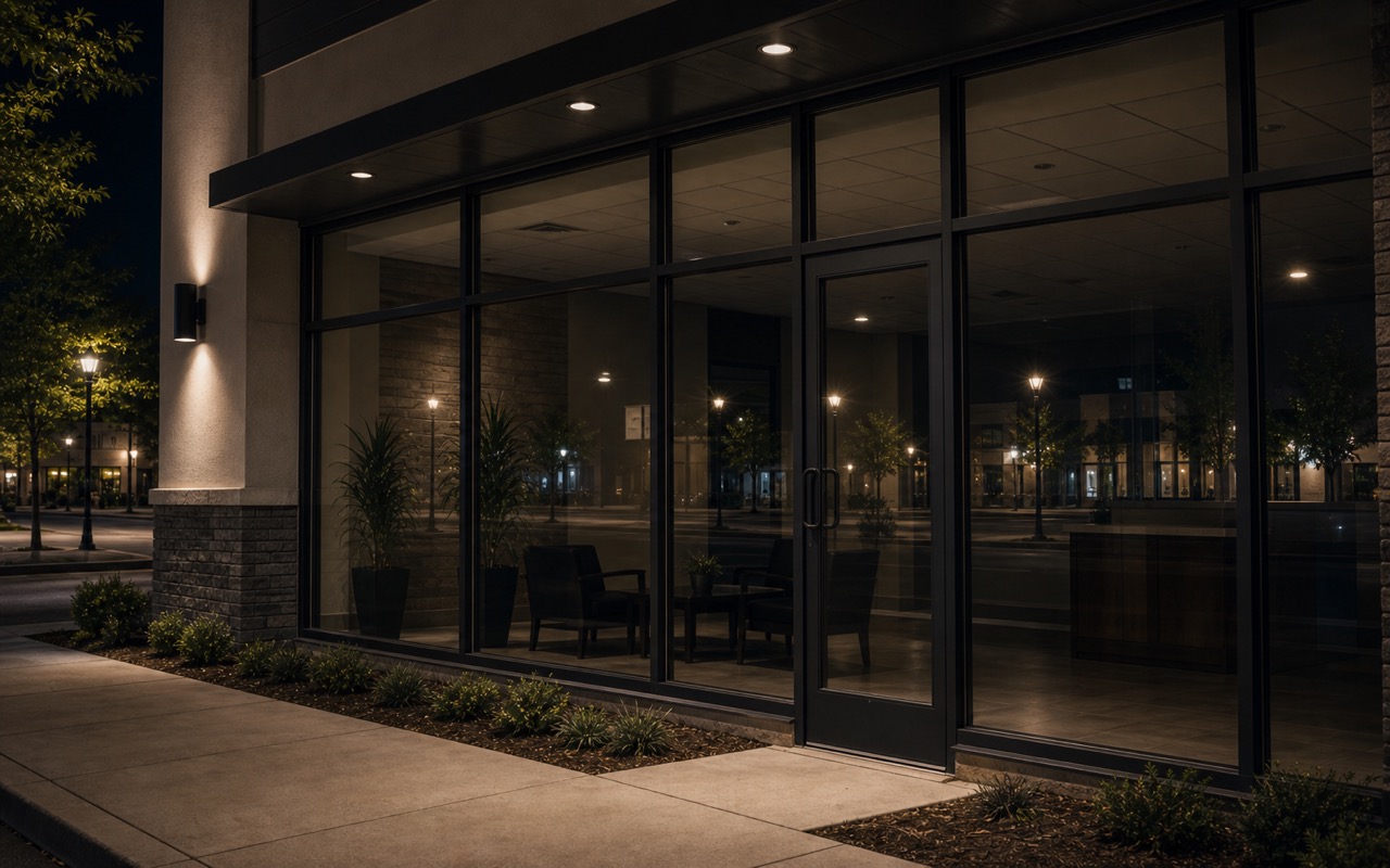Quiet GTA retail storefront at night, intact display glazing reflecting an empty street, a tidy darkened interior softly visible behind