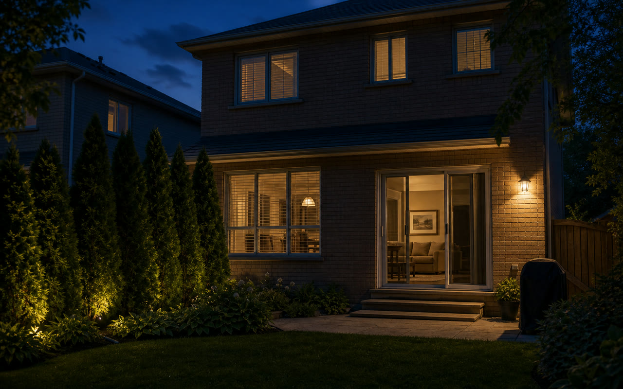 Rear elevation of a GTA home in summer evening light, ground-floor windows and patio slider visible, soft exterior lighting