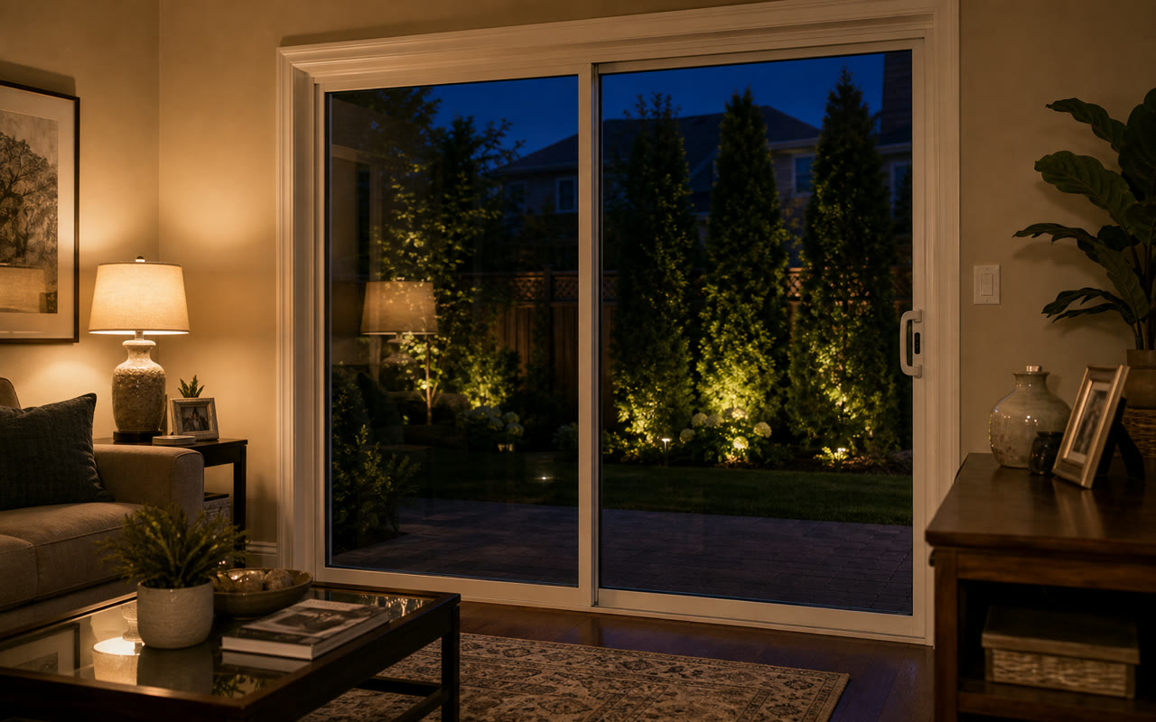 GTA home side entry and rear door with deadbolt engaged, exterior lighting on, no visible gap between door and reinforced frame jamb