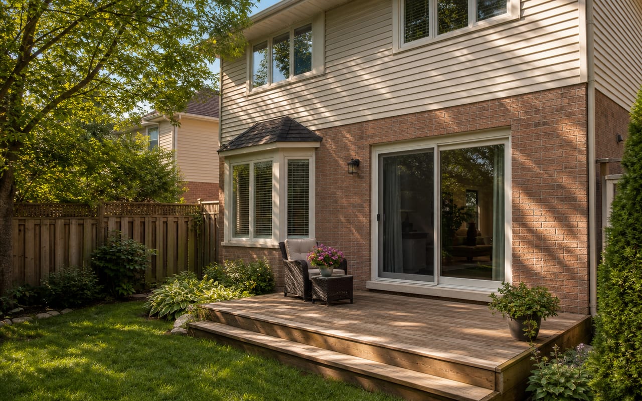Rear patio of a brick Thornhill-area home with a sliding glass door, small deck, garden fence and mature trees
