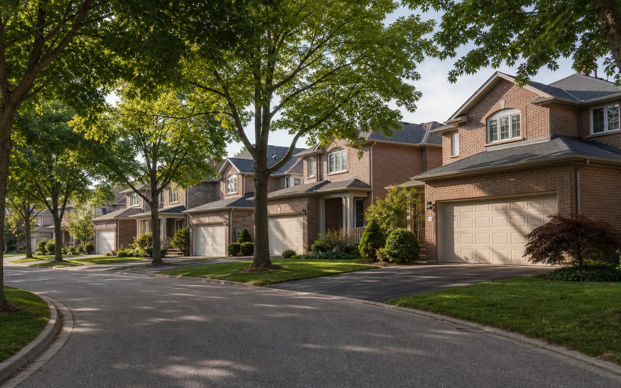 Quiet Thornhill-area crescent lined with brick two-storey homes, mature trees and attached garages