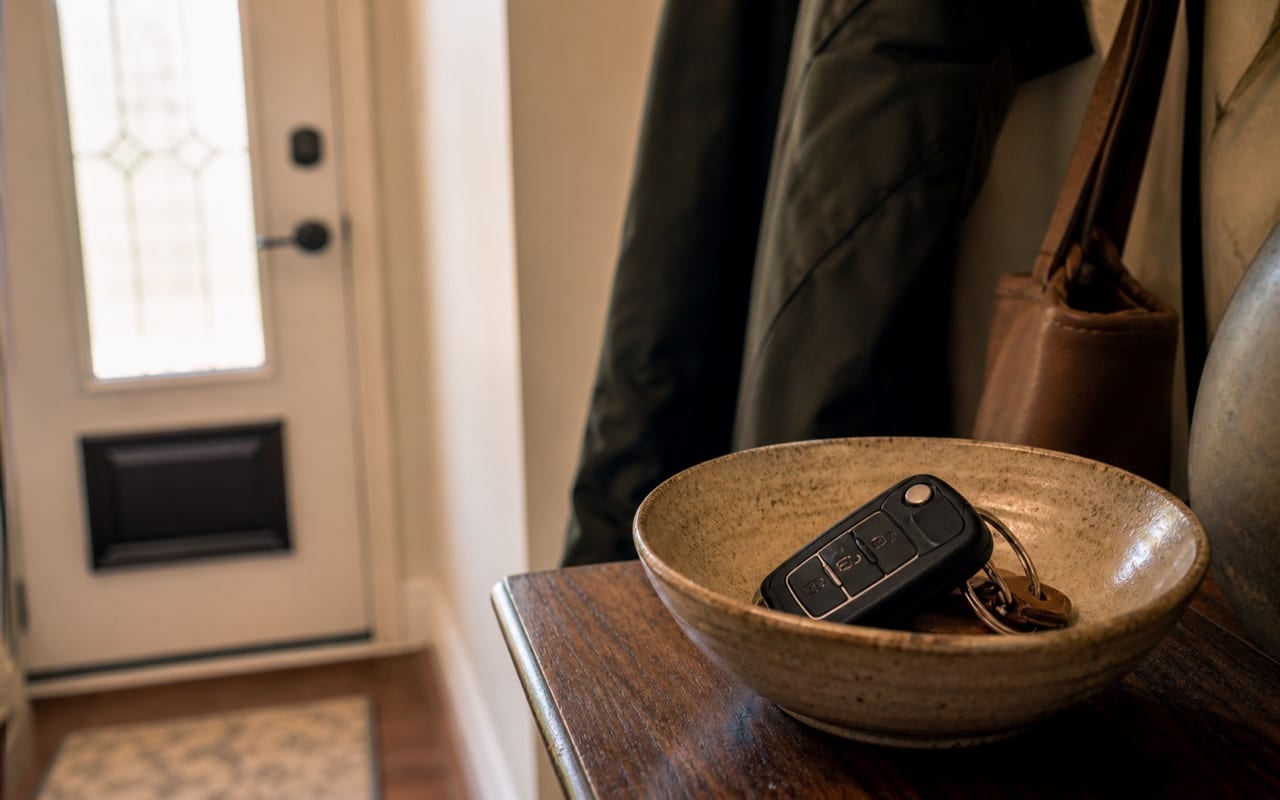Key fob on hook near an attached garage interior door, showing proximity to the automatic entry point