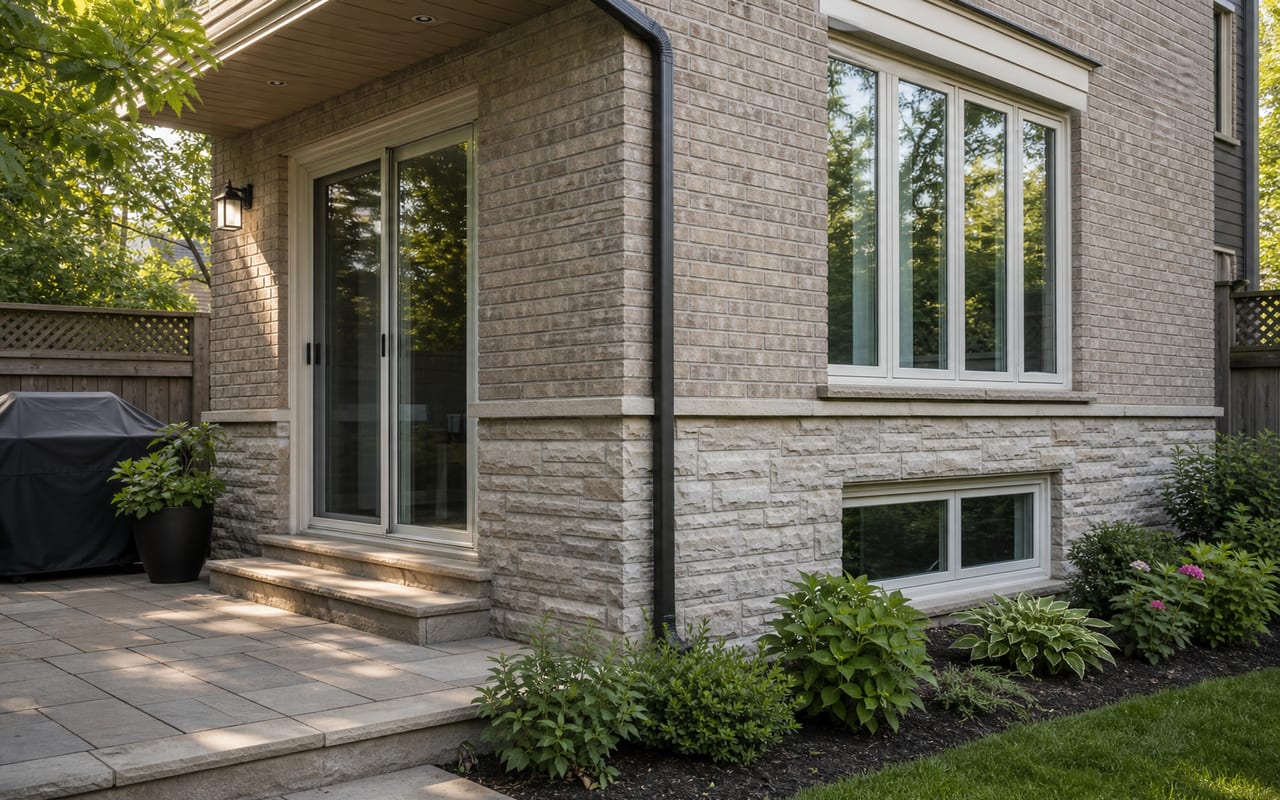Rear corner of a GTA home showing a sliding patio door and a basement window in the same view