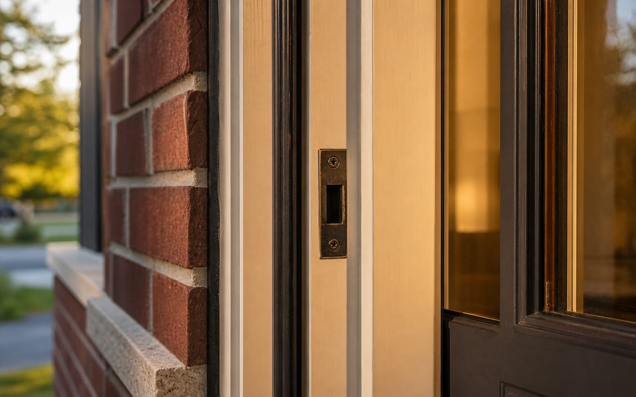 Close-up of a residential door frame and latch-side strike zone in warm light