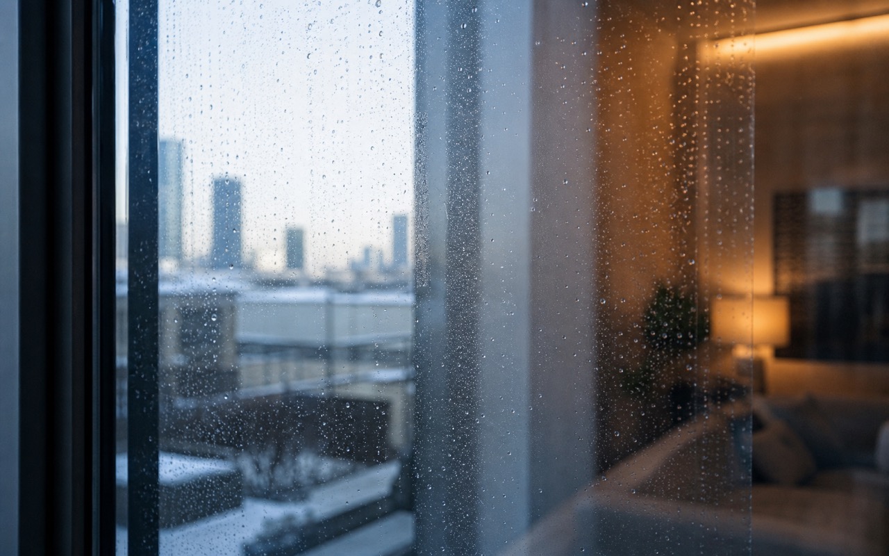 Close-up of security film on a residential window showing faint water bubbles during the early curing period, natural interior light