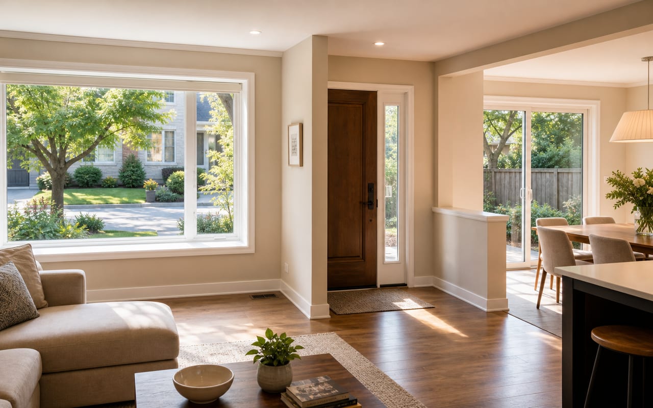 Bright ground floor showing a picture window, a sidelight beside the front door, and a patio slider