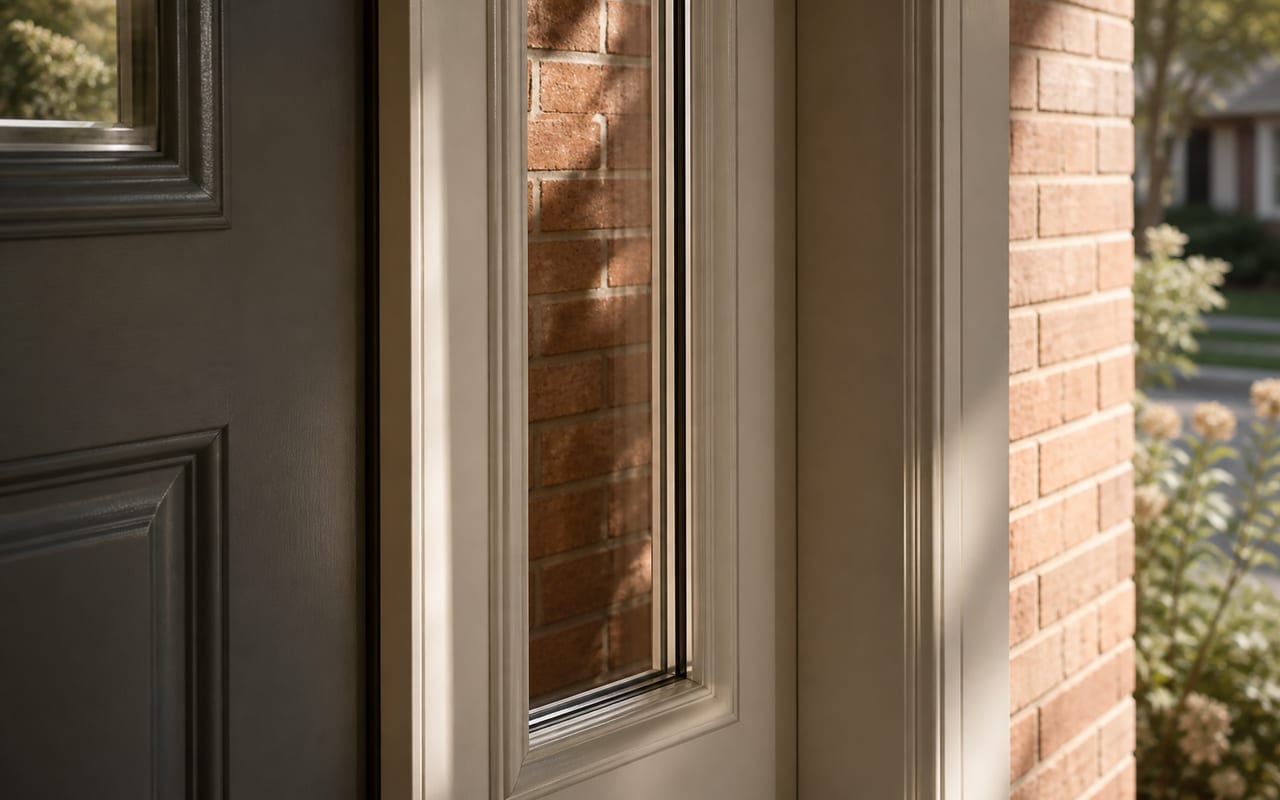 Close-up of a narrow sidelight glass panel beside a painted front door