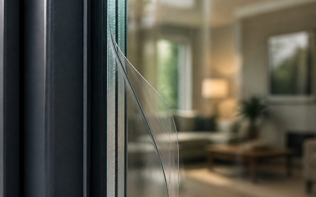 Technician applying clear security film to residential glass with a squeegee
